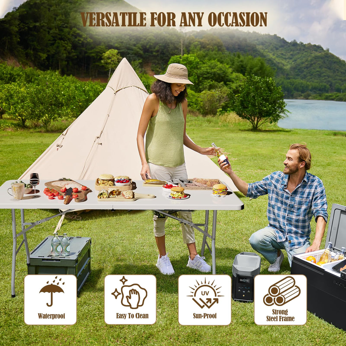 6FT White Folding Picnic Table with Carrying Handle K2565