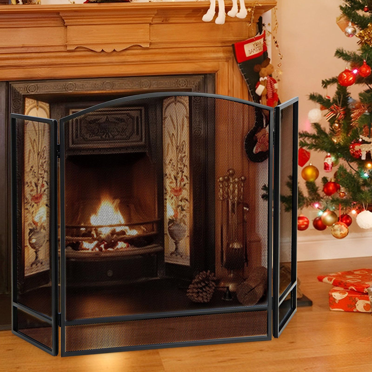 Black Wrought Iron 3 Panel Folding Fireplace Screen S1788