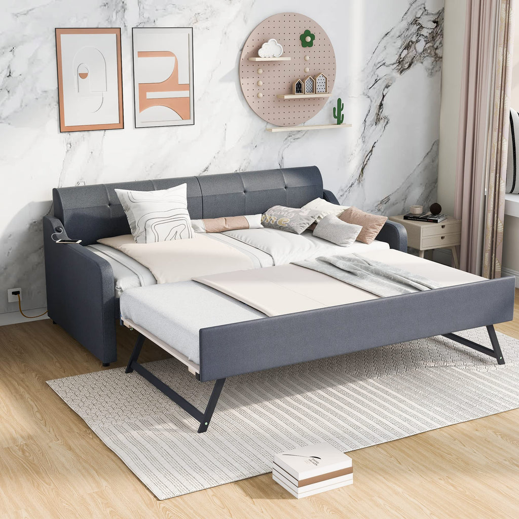 Twin Upholstered Linen Daybed with Pop Up Trundle S94564