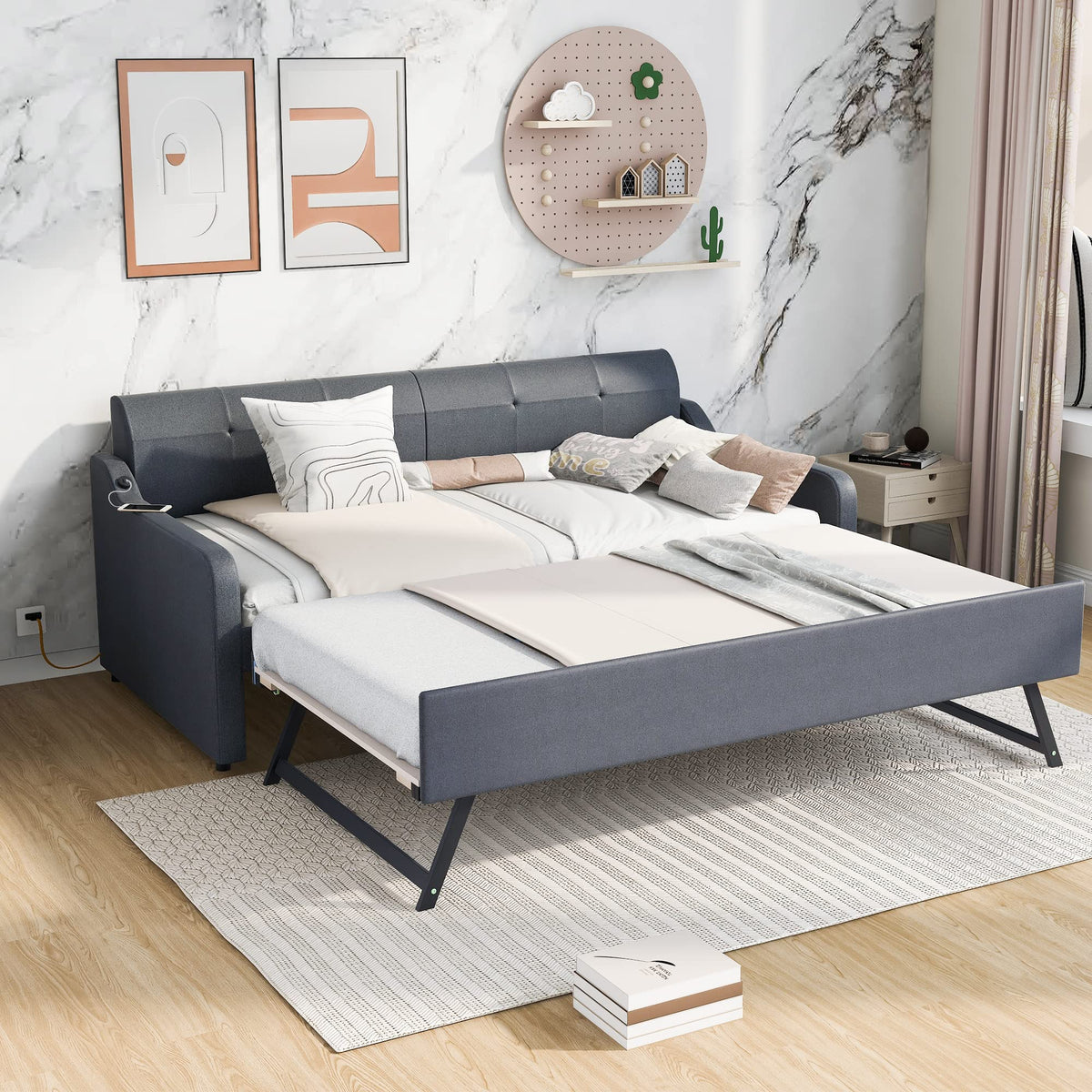 Twin Upholstered Linen Daybed with Pop Up Trundle S94564