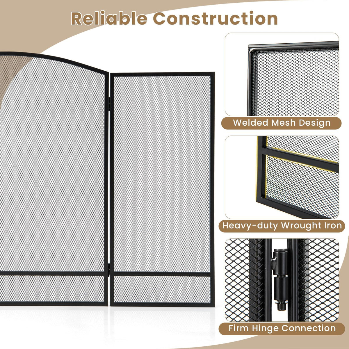 Black Wrought Iron 3 Panel Folding Fireplace Screen S1788