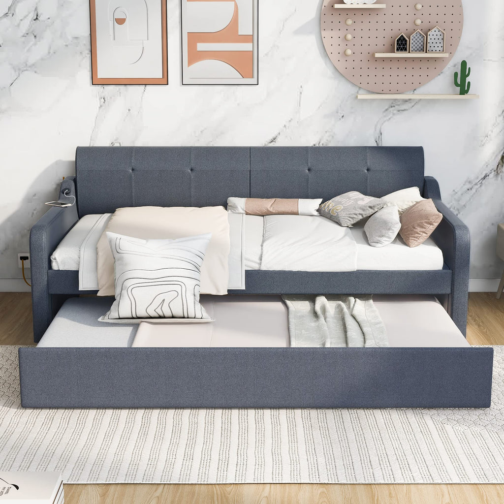 Twin Upholstered Linen Daybed with Pop Up Trundle S94564
