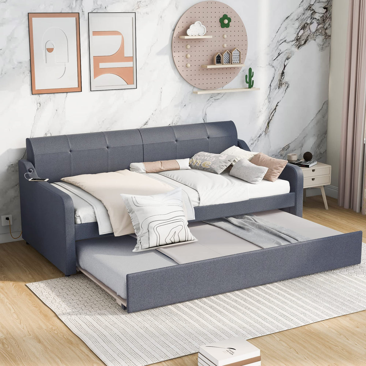 Twin Upholstered Linen Daybed with Pop Up Trundle S94564